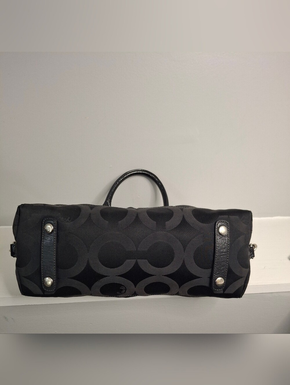 Coach Madison Op Art Sabrina Satchel Bag Black Gray Jacquard Patent Leather EUC - Picture 4 of 6